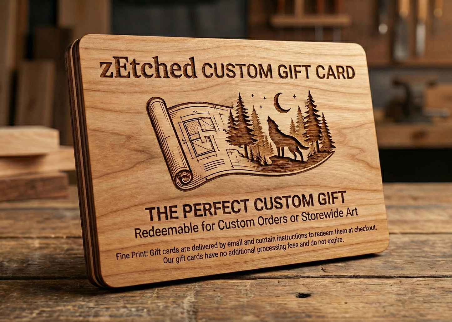 Wooden gift card with zEtched Custom Gift Card branding on a wooden surface.